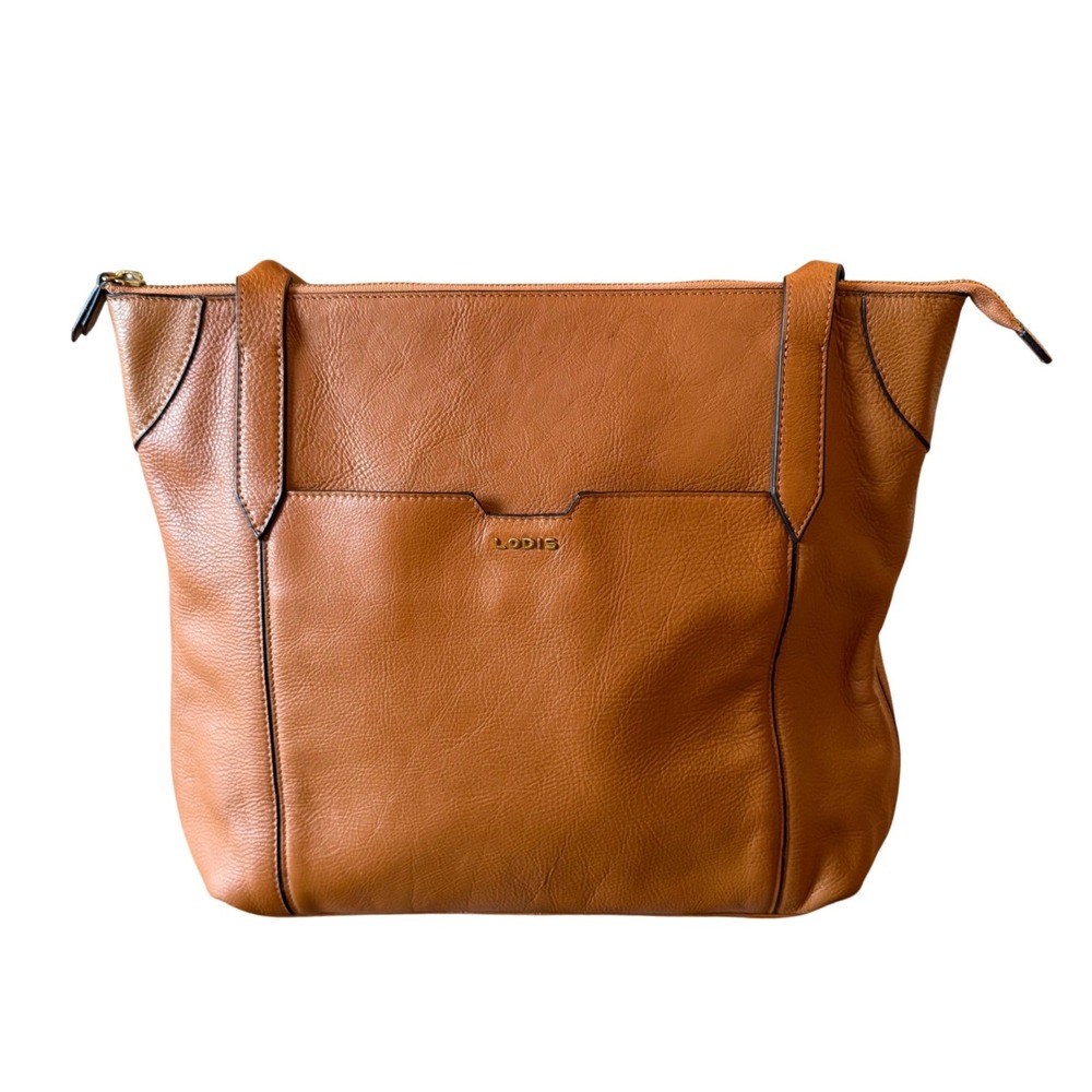 Lodis Cognac Pebbled Leather Tote Bag Large Travel Work Laptop Carryall Purse